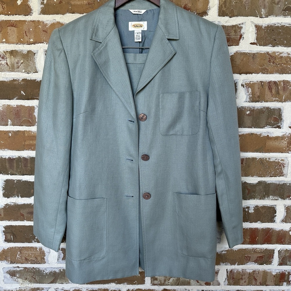 Talbots Irish Linen Skirt‎ Suit Set Women's Size 8 Waist 28 Inch Lined Blue Gray